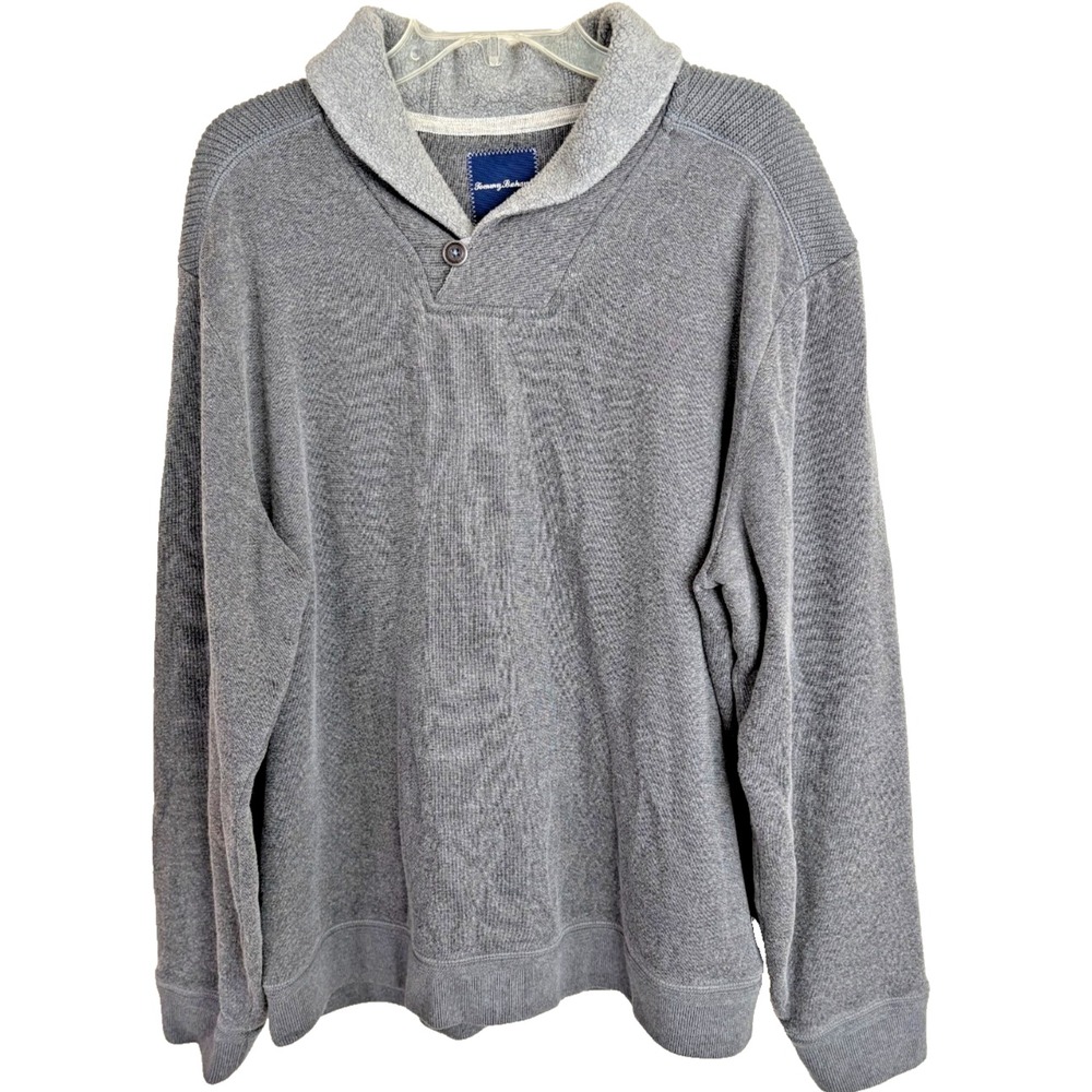 Tommy Bahama Pullover Men XL-2XL Gray Shawl Fleece Collar Long Sleeve Sweater